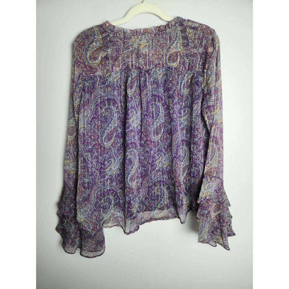 BOG Collective Band of Gypsies sheer ruffle sleeve shirt sz L Paisley metallic - Picture 4 of 9
